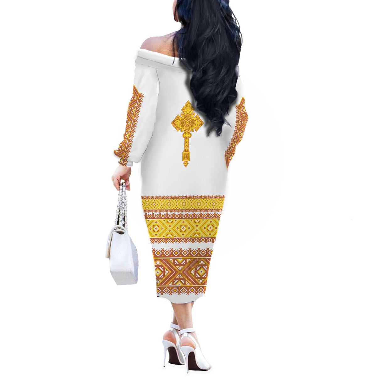 Habesha Motifs Ethiopia Off The Shoulder Long Sleeve Dress Tilet White Gold
