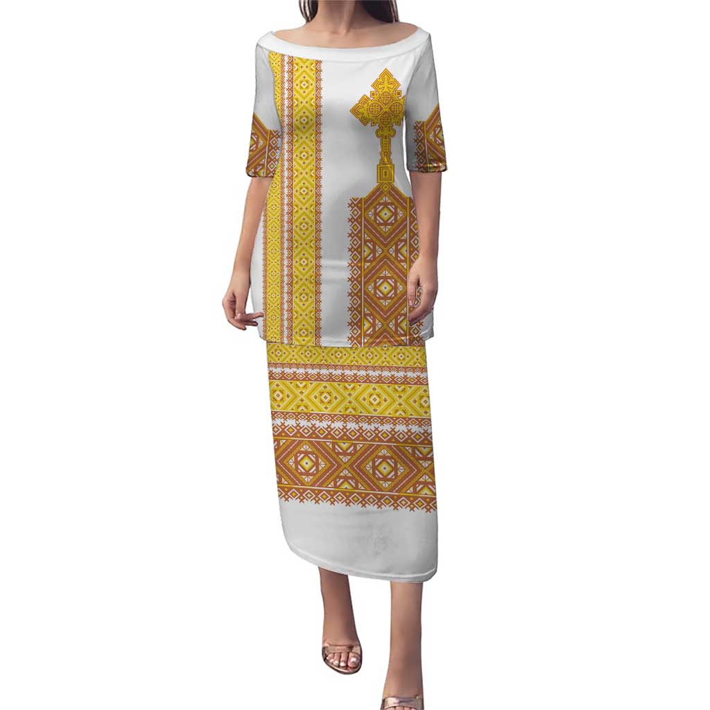 Habesha Motifs Ethiopia Puletasi Tilet White Gold