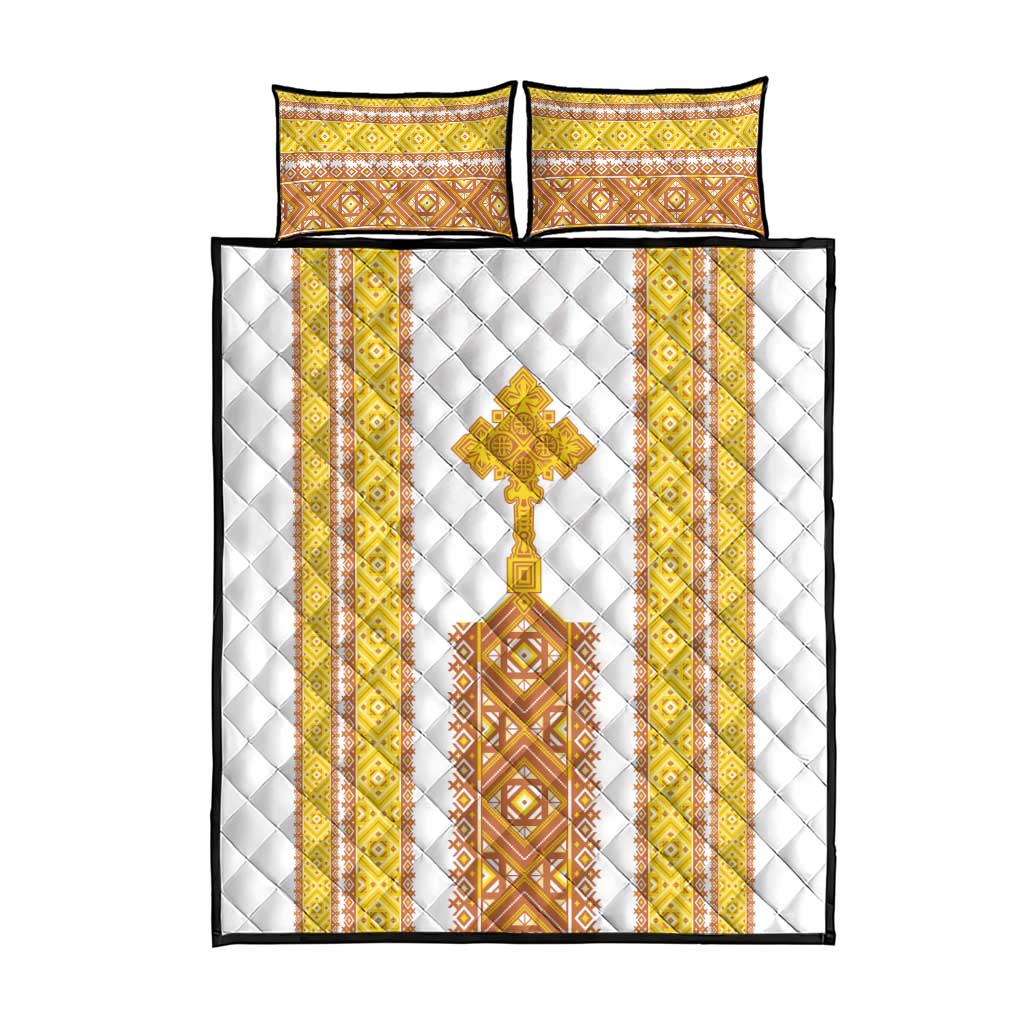 Habesha Motifs Ethiopia Quilt Bed Set Tilet White Gold