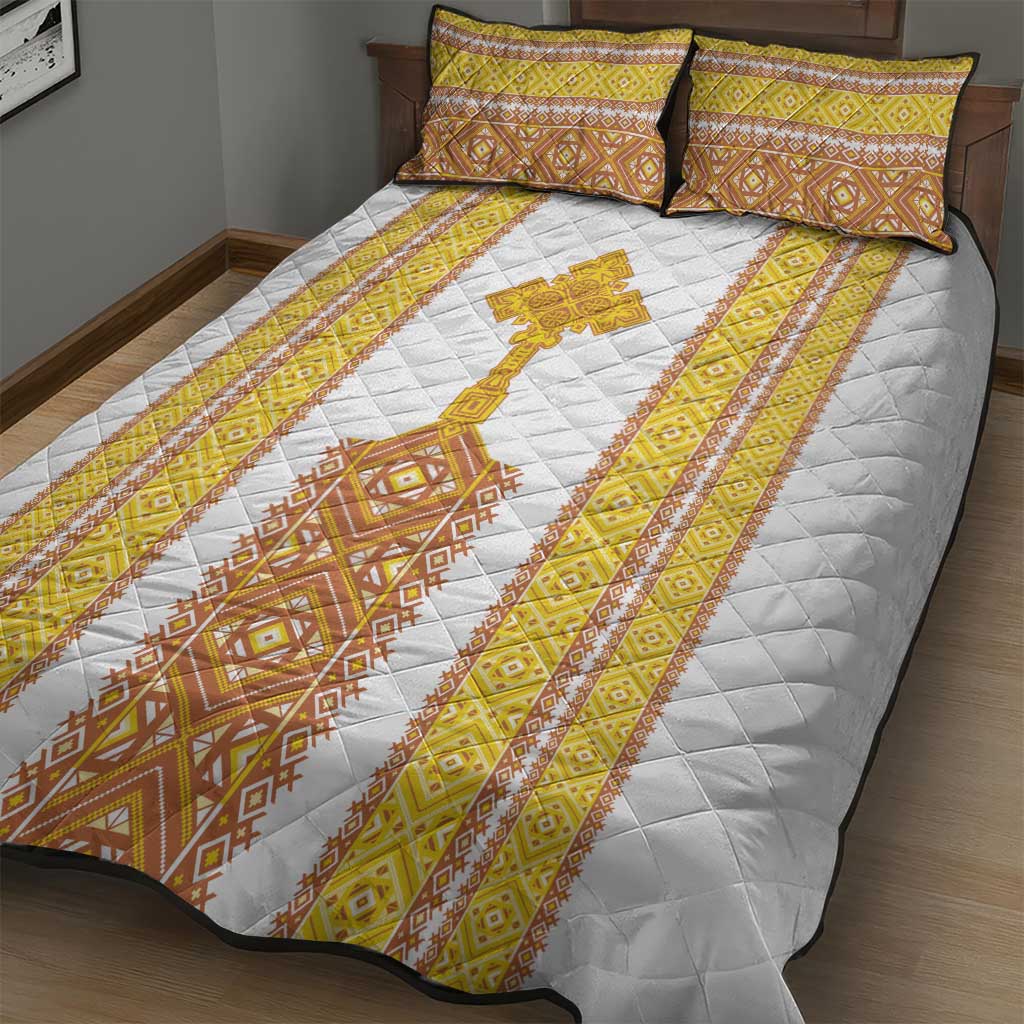 Habesha Motifs Ethiopia Quilt Bed Set Tilet White Gold