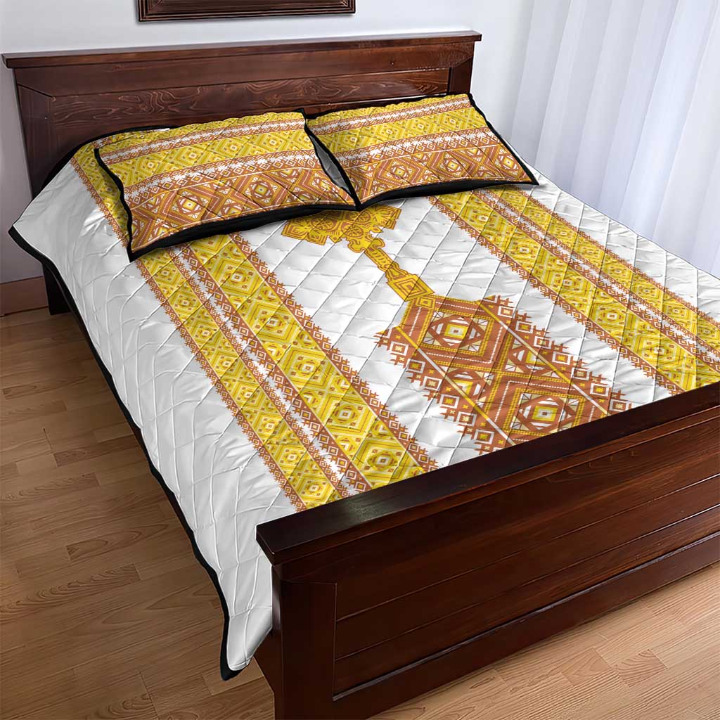 Habesha Motifs Ethiopia Quilt Bed Set Tilet White Gold