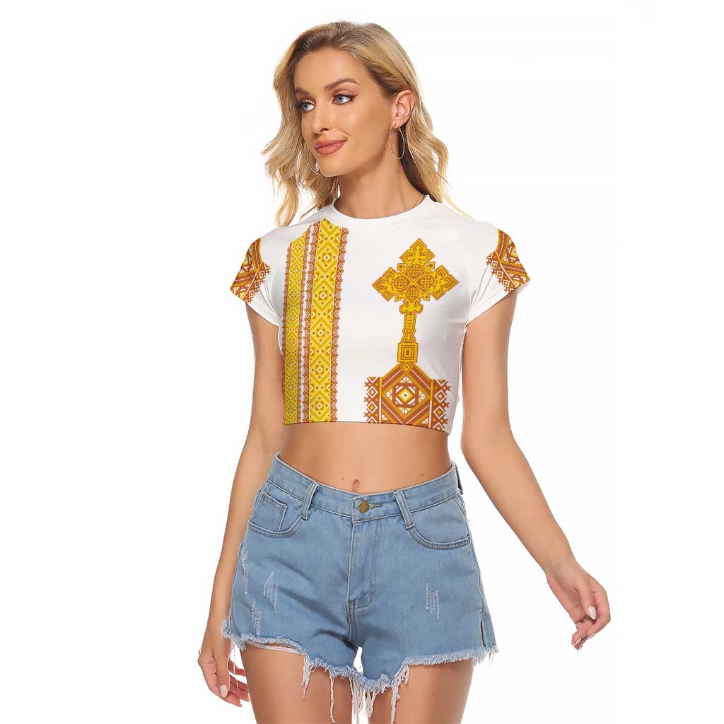 Habesha Motifs Ethiopia Raglan Cropped T Shirt Tilet White Gold
