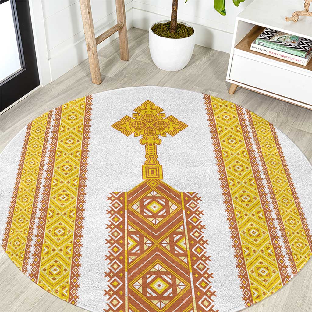 Habesha Motifs Ethiopia Round Carpet Tilet White Gold