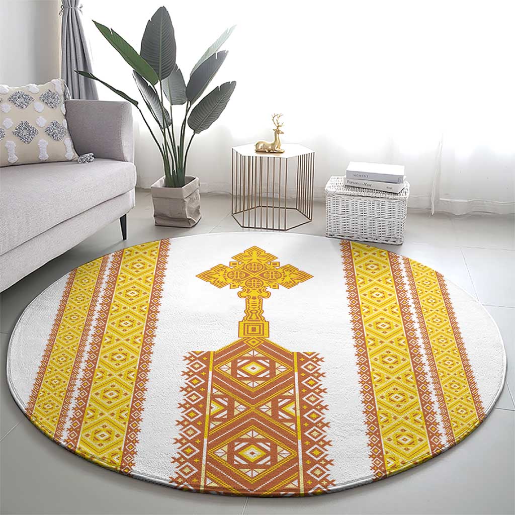 Habesha Motifs Ethiopia Round Carpet Tilet White Gold