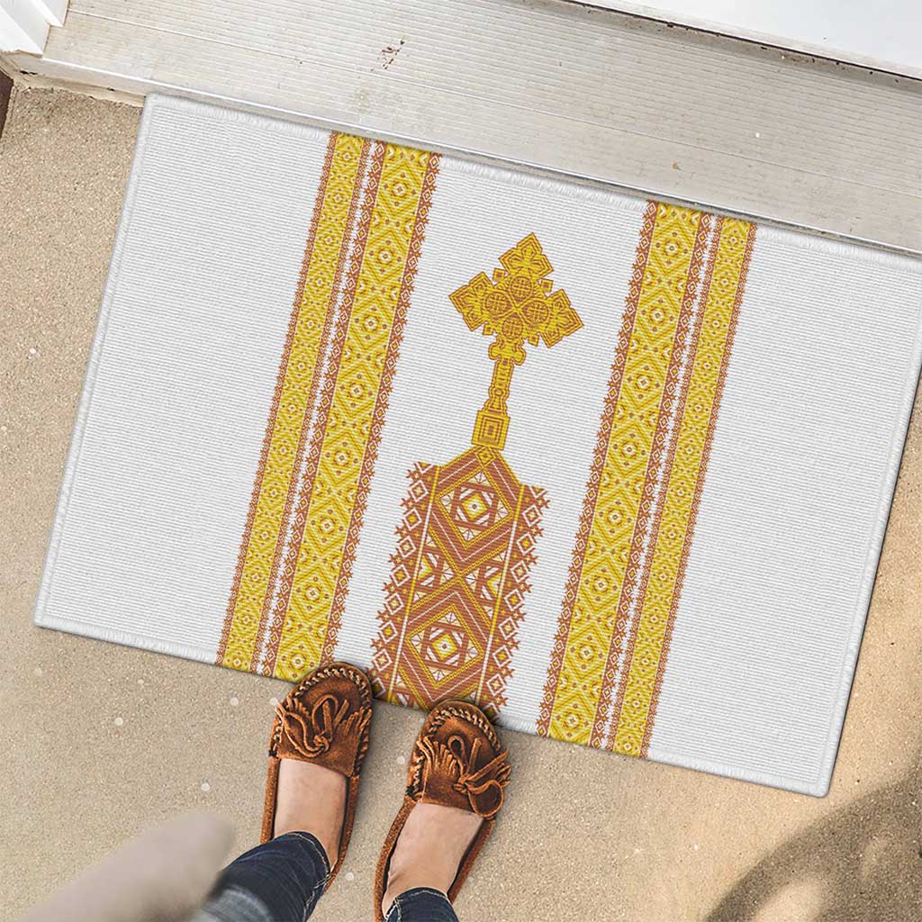 Habesha Motifs Ethiopia Rubber Doormat Tilet White Gold