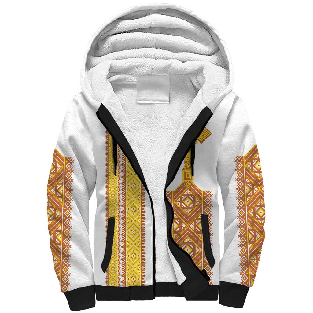 Habesha Motifs Ethiopia Sherpa Hoodie Tilet White Gold