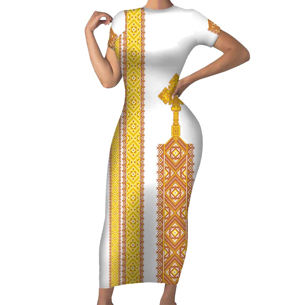 Habesha Motifs Ethiopia Short Sleeve Bodycon Dress Tilet White Gold