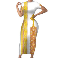 Habesha Motifs Ethiopia Short Sleeve Bodycon Dress Tilet White Gold