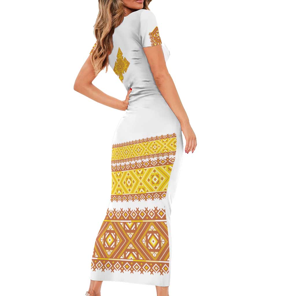 Habesha Motifs Ethiopia Short Sleeve Bodycon Dress Tilet White Gold