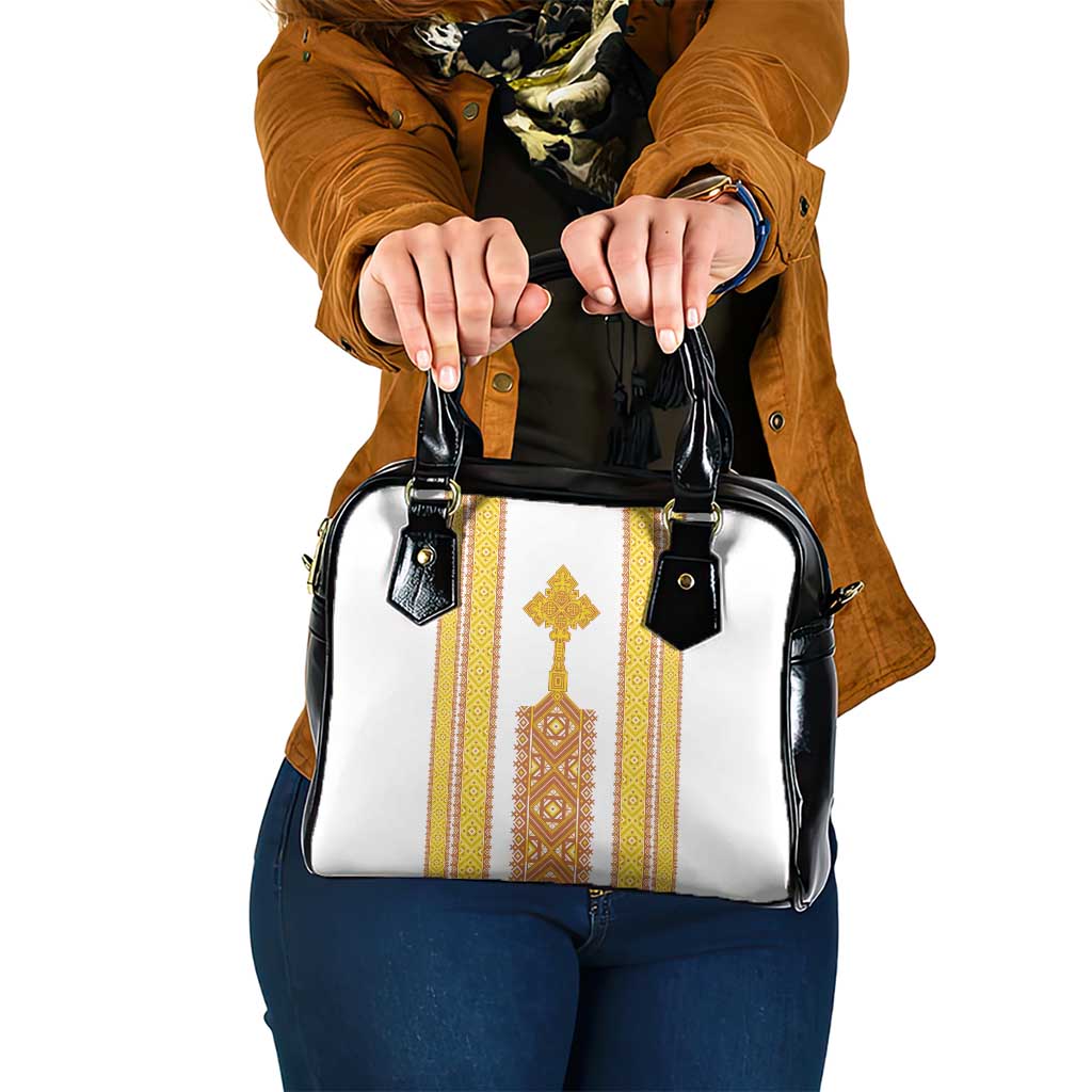 Habesha Motifs Ethiopia Shoulder Handbag Tilet White Gold
