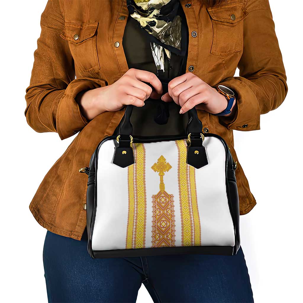 Habesha Motifs Ethiopia Shoulder Handbag Tilet White Gold