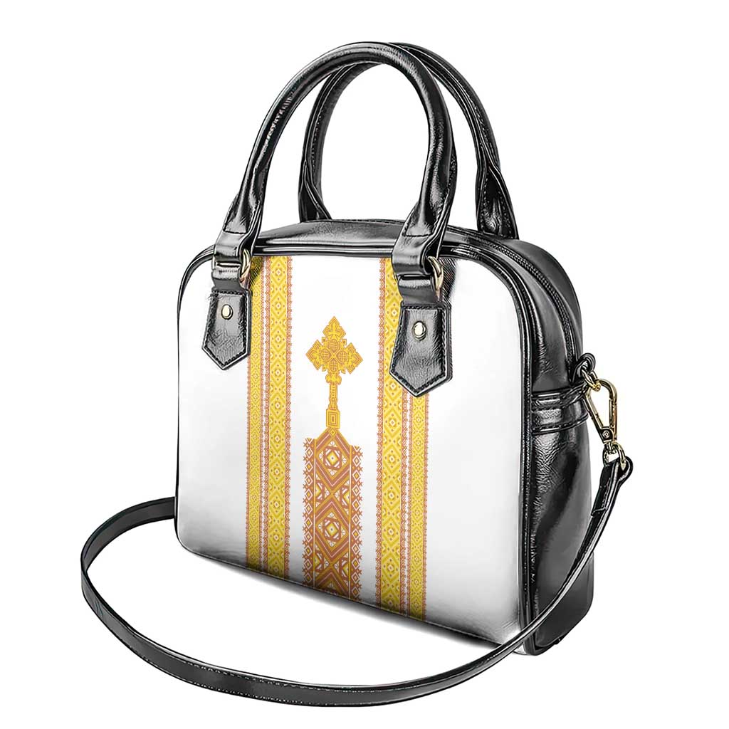 Habesha Motifs Ethiopia Shoulder Handbag Tilet White Gold