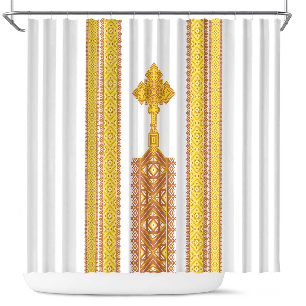 Habesha Motifs Ethiopia Shower Curtain Tilet White Gold