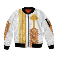 Habesha Motifs Ethiopia Sleeve Zip Bomber Jacket Tilet White Gold