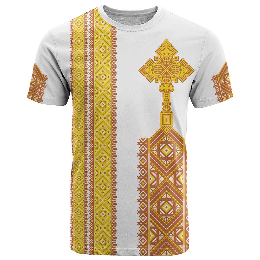 Habesha Motifs Ethiopia T Shirt Tilet White Gold