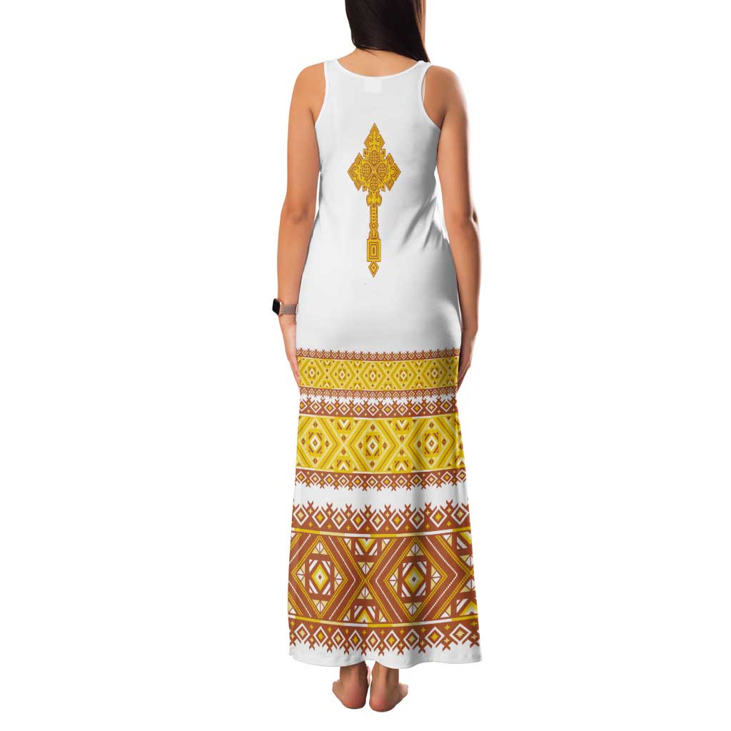 Habesha Motifs Ethiopia Tank Maxi Dress Tilet White Gold