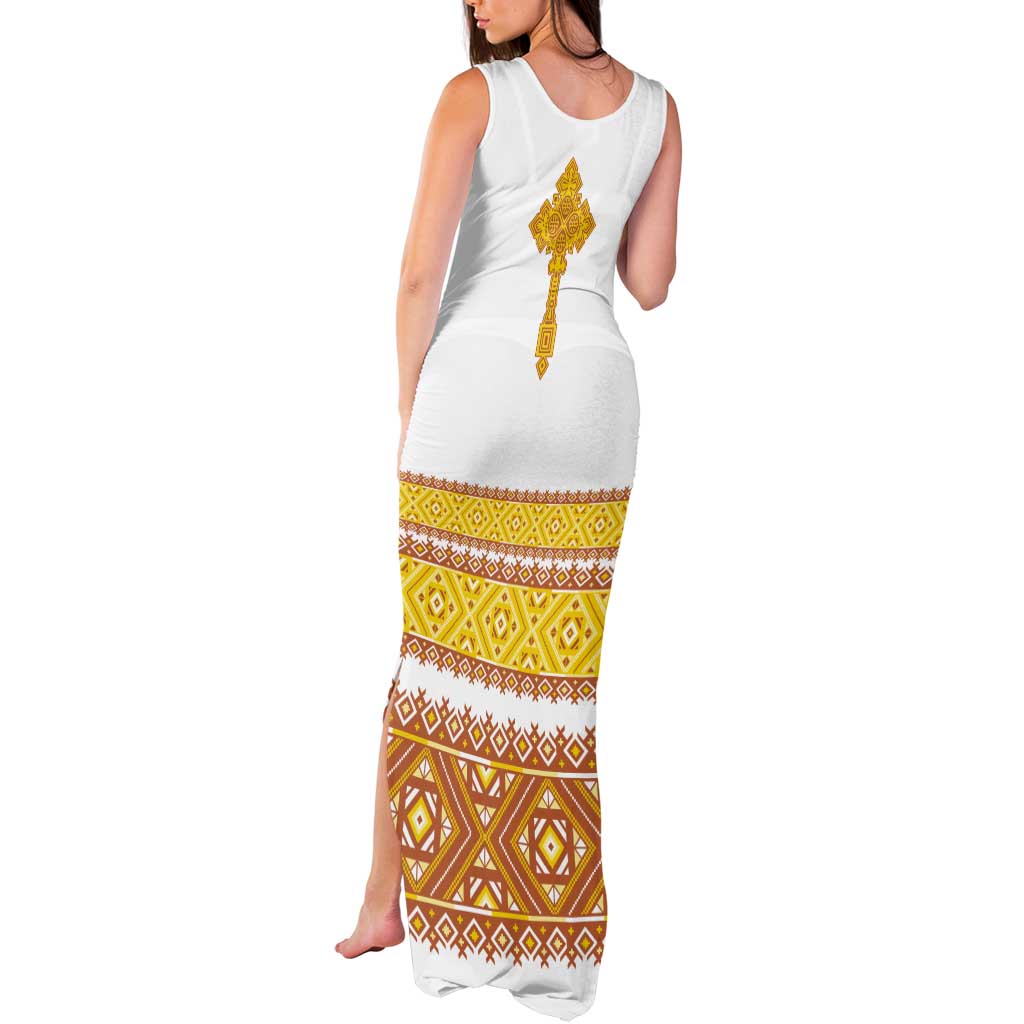 Habesha Motifs Ethiopia Tank Maxi Dress Tilet White Gold