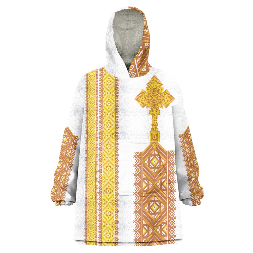 Habesha Motifs Ethiopia Wearable Blanket Hoodie Tilet White Gold