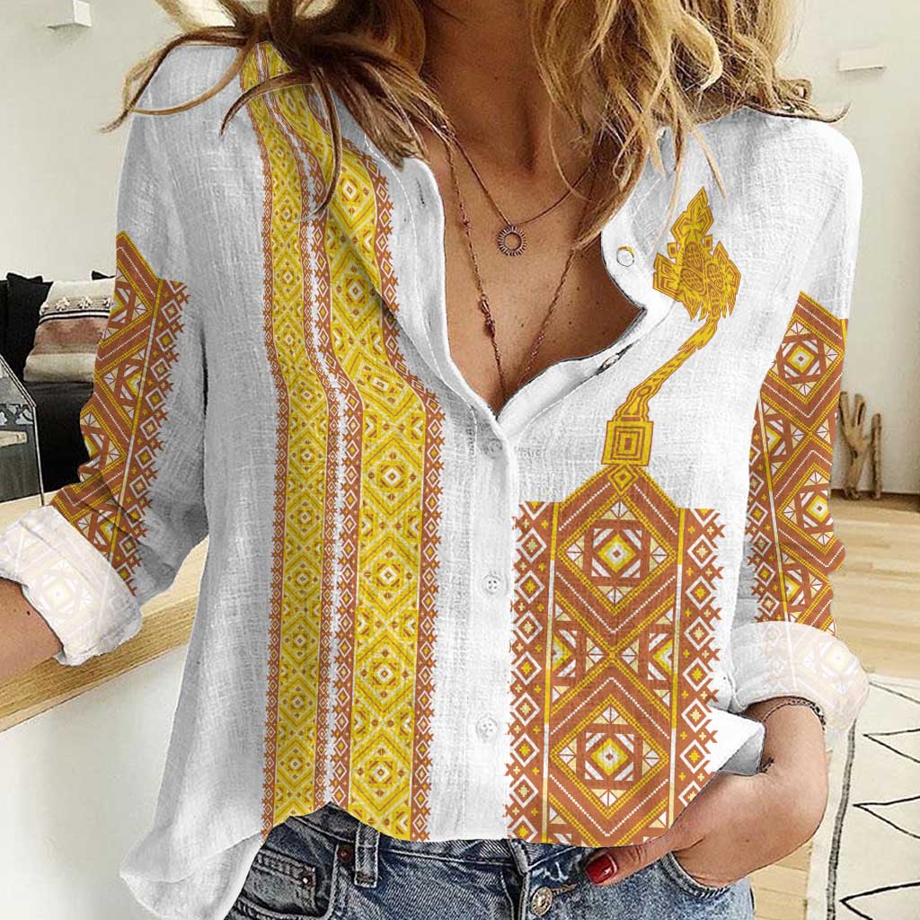 Habesha Motifs Ethiopia Women Casual Shirt Tilet White Gold