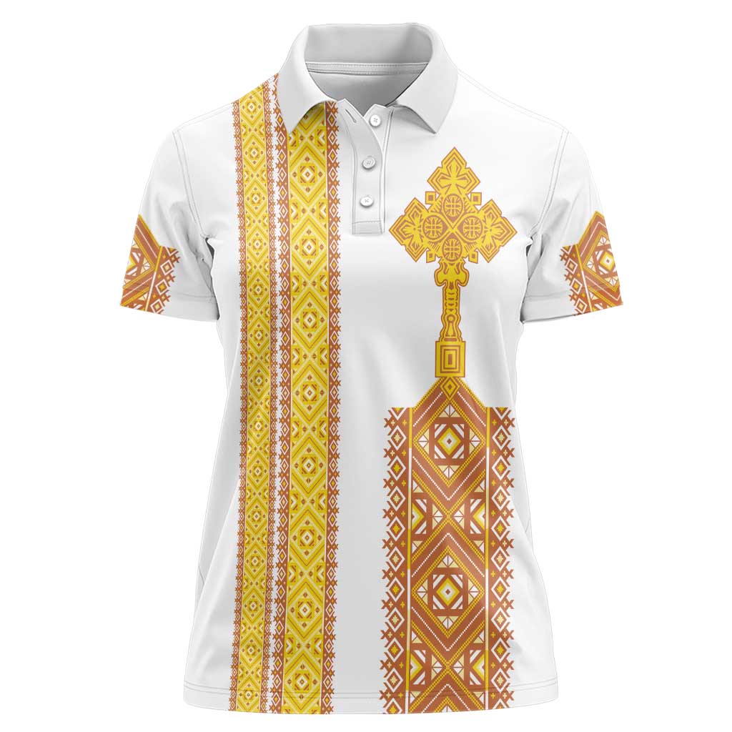 Habesha Motifs Ethiopia Women Polo Shirt Tilet White Gold