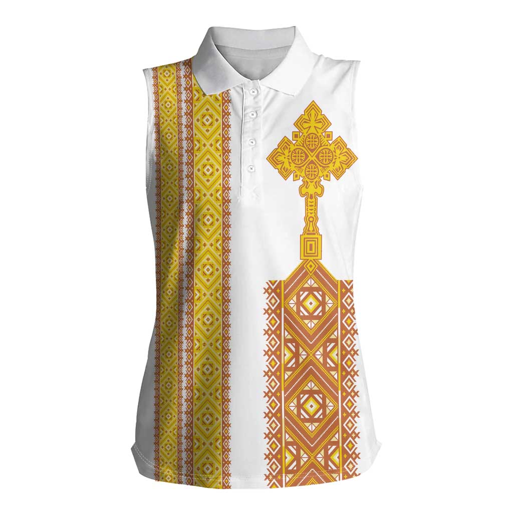 Habesha Motifs Ethiopia Women Sleeveless Polo Shirt Tilet White Gold