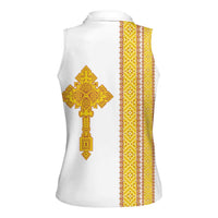 Habesha Motifs Ethiopia Women Sleeveless Polo Shirt Tilet White Gold