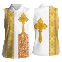 Habesha Motifs Ethiopia Women Sleeveless Polo Shirt Tilet White Gold