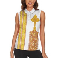 Habesha Motifs Ethiopia Women Sleeveless Polo Shirt Tilet White Gold