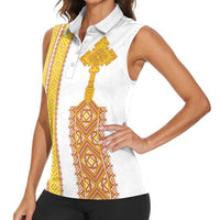 Habesha Motifs Ethiopia Women Sleeveless Polo Shirt Tilet White Gold