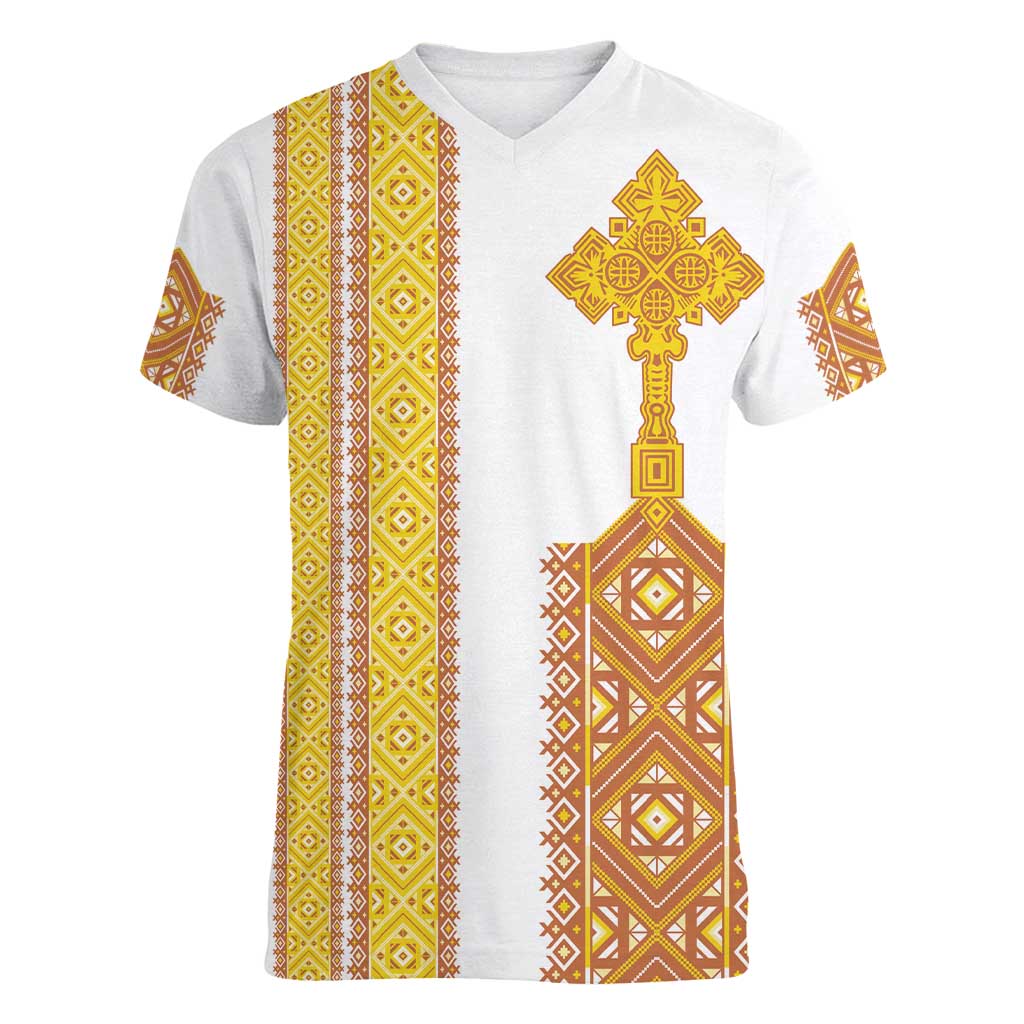 Habesha Motifs Ethiopia Women V-Neck T-Shirt Tilet White Gold