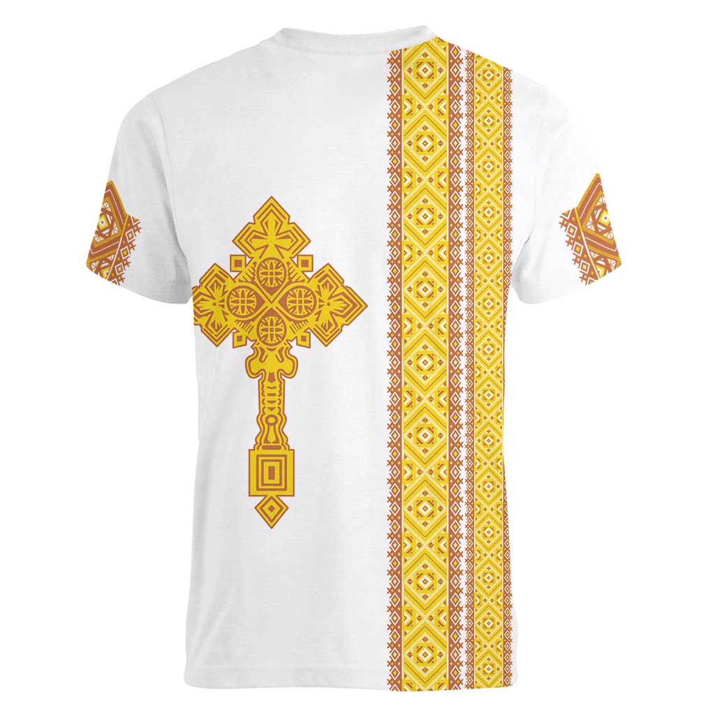 Habesha Motifs Ethiopia Women V-Neck T-Shirt Tilet White Gold