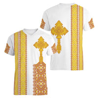 Habesha Motifs Ethiopia Women V-Neck T-Shirt Tilet White Gold
