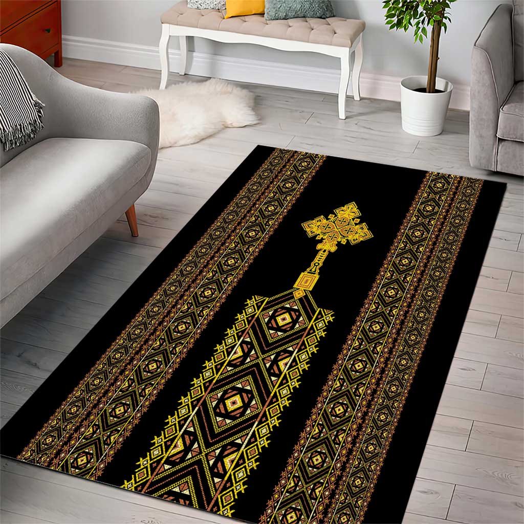 Habesha Motifs Ethiopia Area Rug Tilet Black Gold