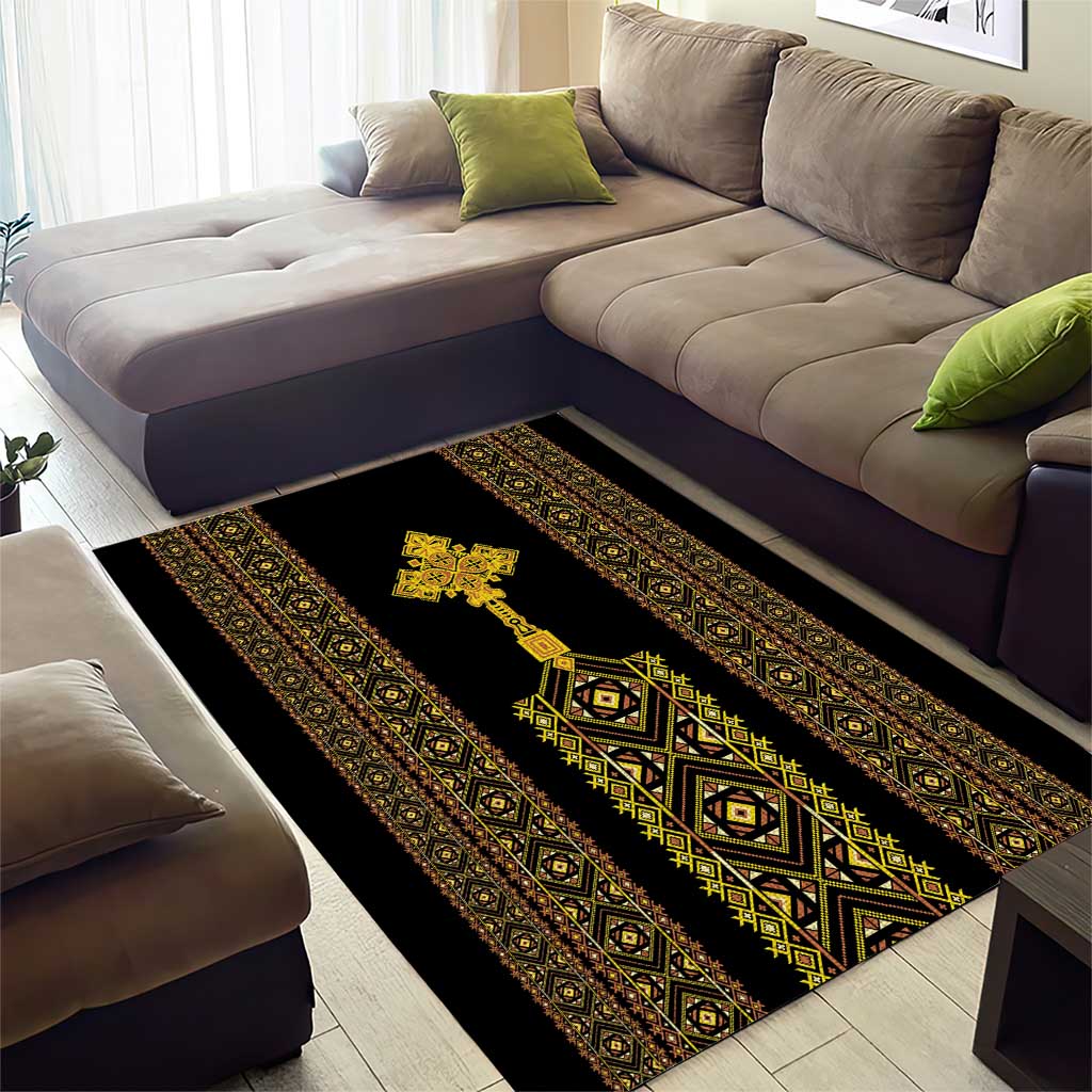 Habesha Motifs Ethiopia Area Rug Tilet Black Gold