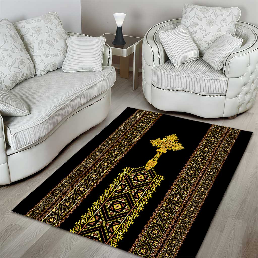 Habesha Motifs Ethiopia Area Rug Tilet Black Gold