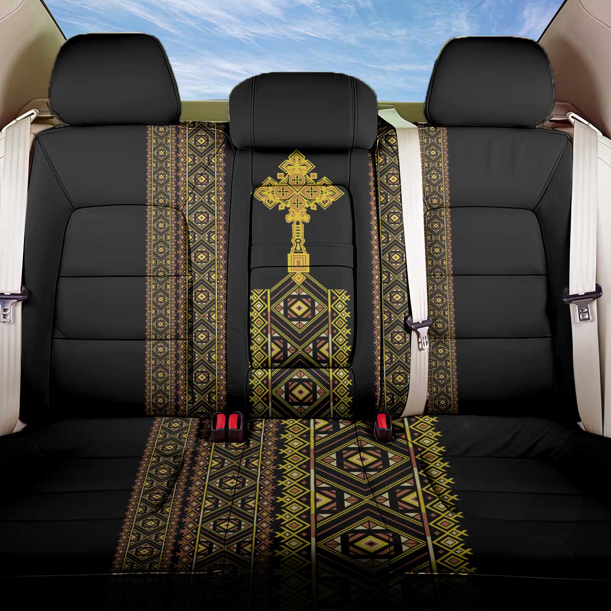 Habesha Motifs Ethiopia Back Car Seat Cover Tilet Black Gold