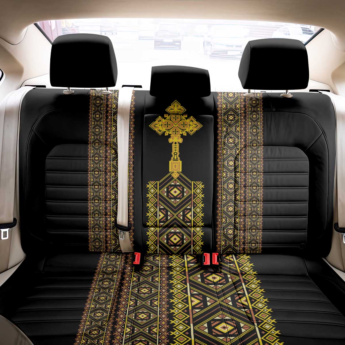 Habesha Motifs Ethiopia Back Car Seat Cover Tilet Black Gold