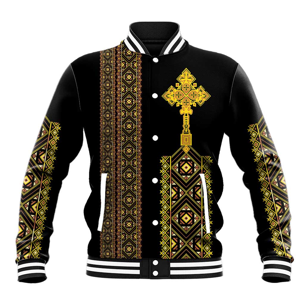Habesha Motifs Ethiopia Baseball Jacket Tilet Black Gold
