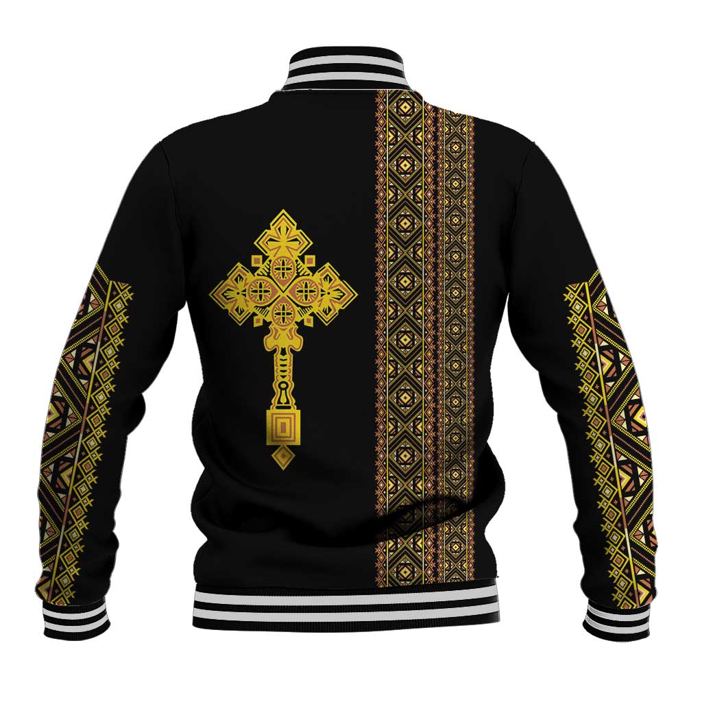 Habesha Motifs Ethiopia Baseball Jacket Tilet Black Gold