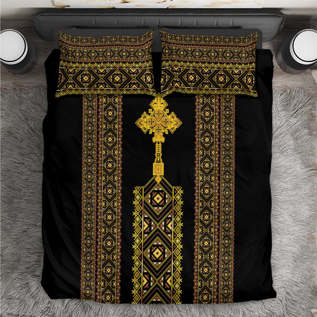 Habesha Motifs Ethiopia Bedding Set Tilet Black Gold