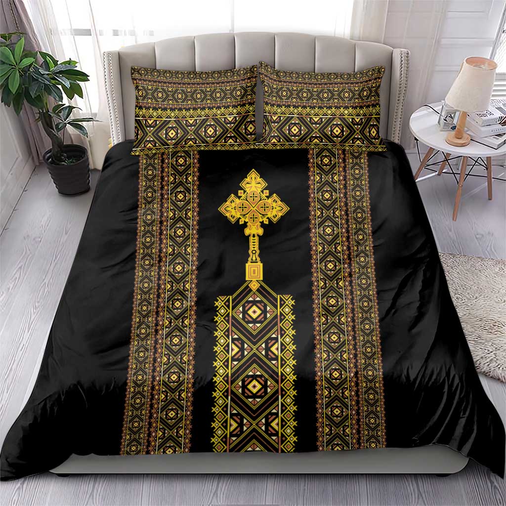 Habesha Motifs Ethiopia Bedding Set Tilet Black Gold