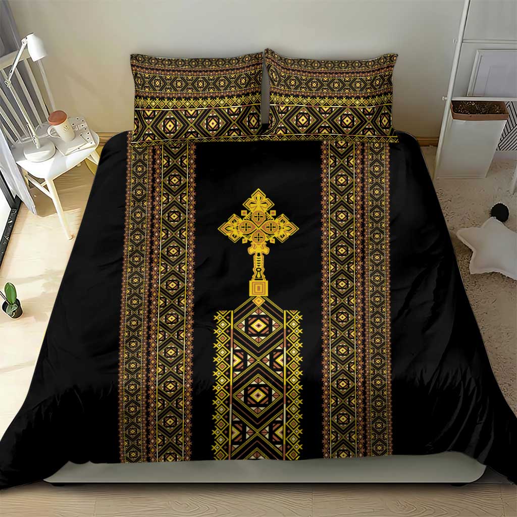 Habesha Motifs Ethiopia Bedding Set Tilet Black Gold