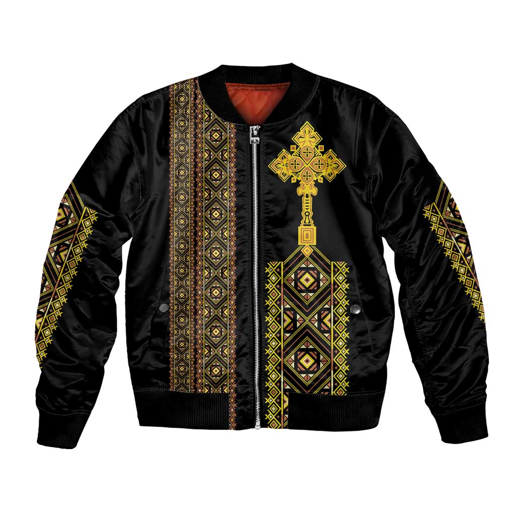 Habesha Motifs Ethiopia Bomber Jacket Tilet Black Gold