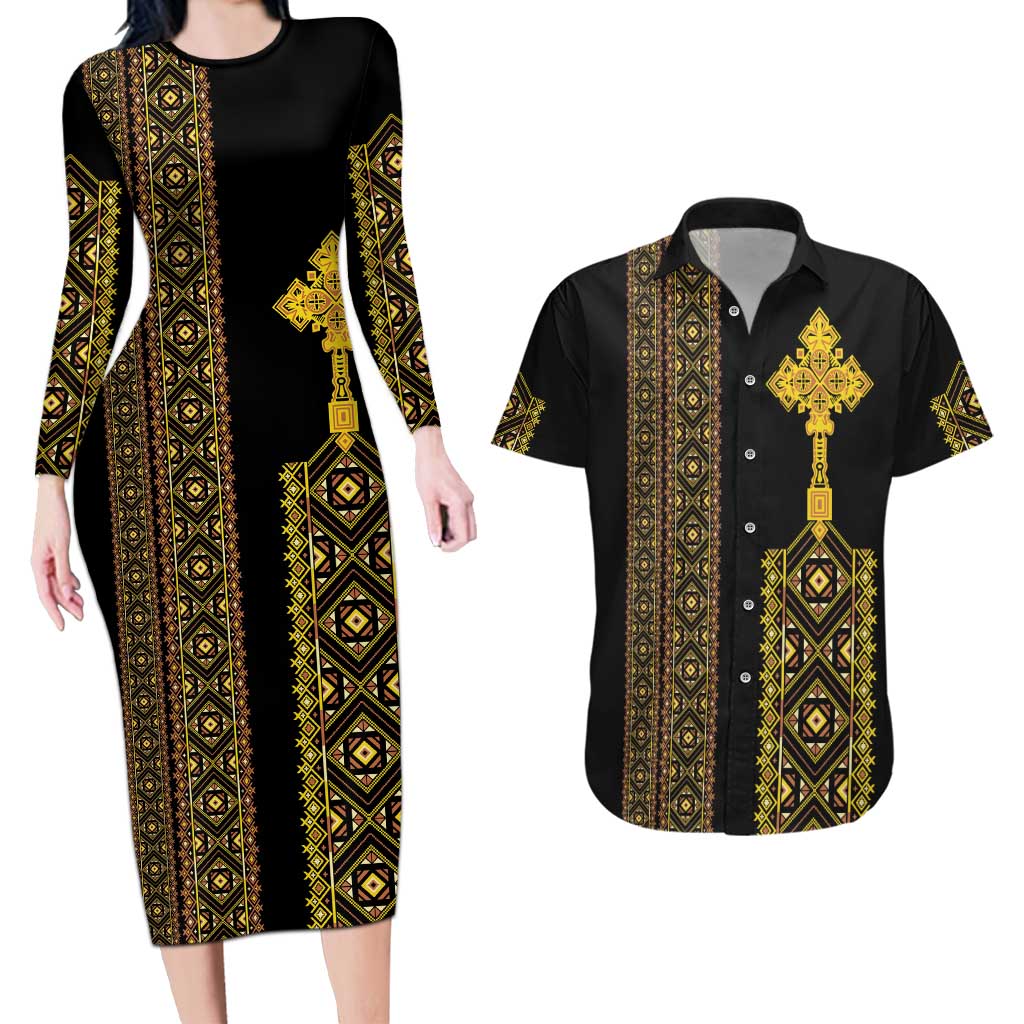 Habesha Motifs Ethiopia Couples Matching Long Sleeve Bodycon Dress and Hawaiian Shirt Tilet Black Gold