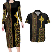 Habesha Motifs Ethiopia Couples Matching Long Sleeve Bodycon Dress and Hawaiian Shirt Tilet Black Gold