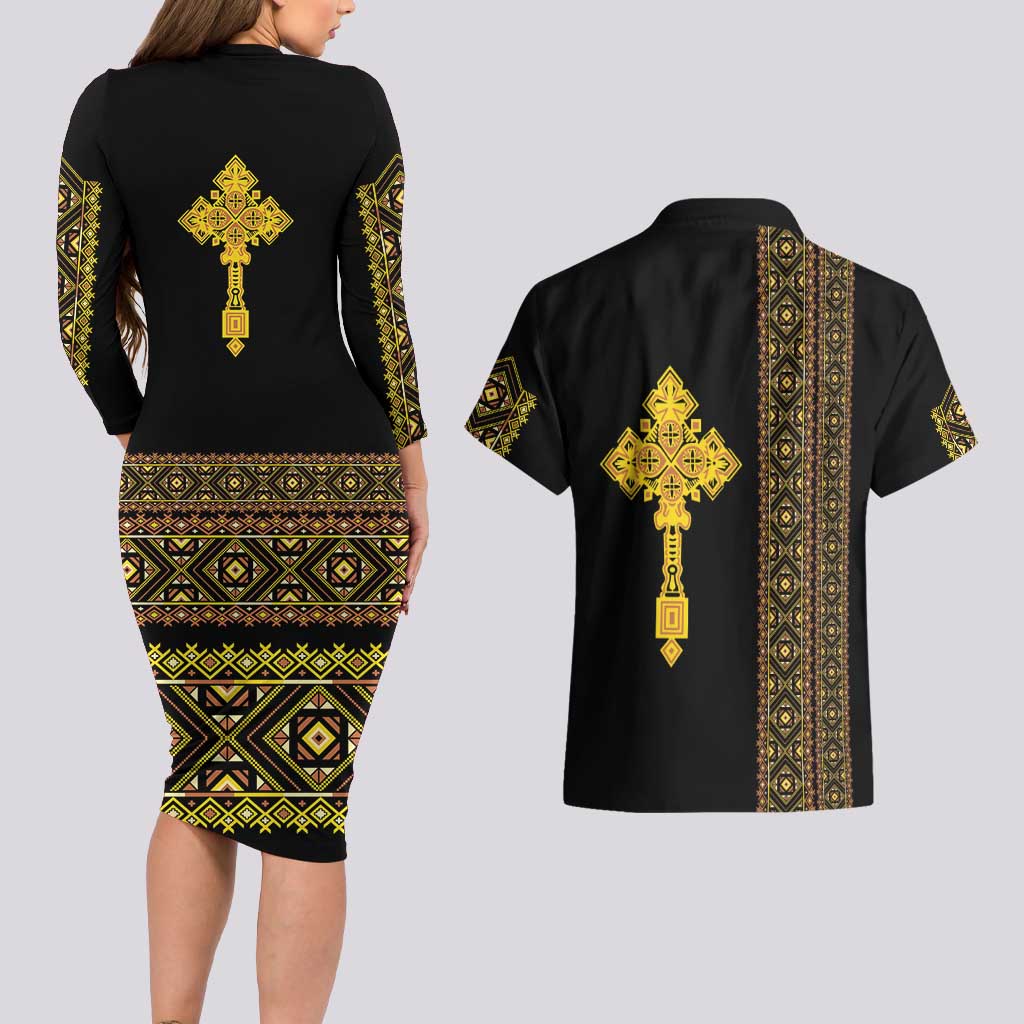 Habesha Motifs Ethiopia Couples Matching Long Sleeve Bodycon Dress and Hawaiian Shirt Tilet Black Gold