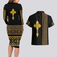 Habesha Motifs Ethiopia Couples Matching Long Sleeve Bodycon Dress and Hawaiian Shirt Tilet Black Gold