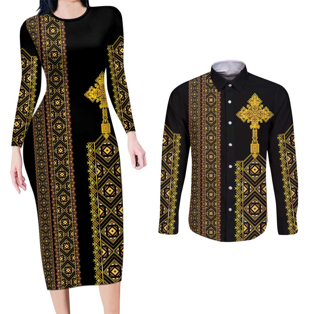 Habesha Motifs Ethiopia Couples Matching Long Sleeve Bodycon Dress and Long Sleeve Button Shirt Tilet Black Gold