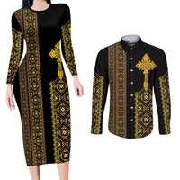 Habesha Motifs Ethiopia Couples Matching Long Sleeve Bodycon Dress and Long Sleeve Button Shirt Tilet Black Gold