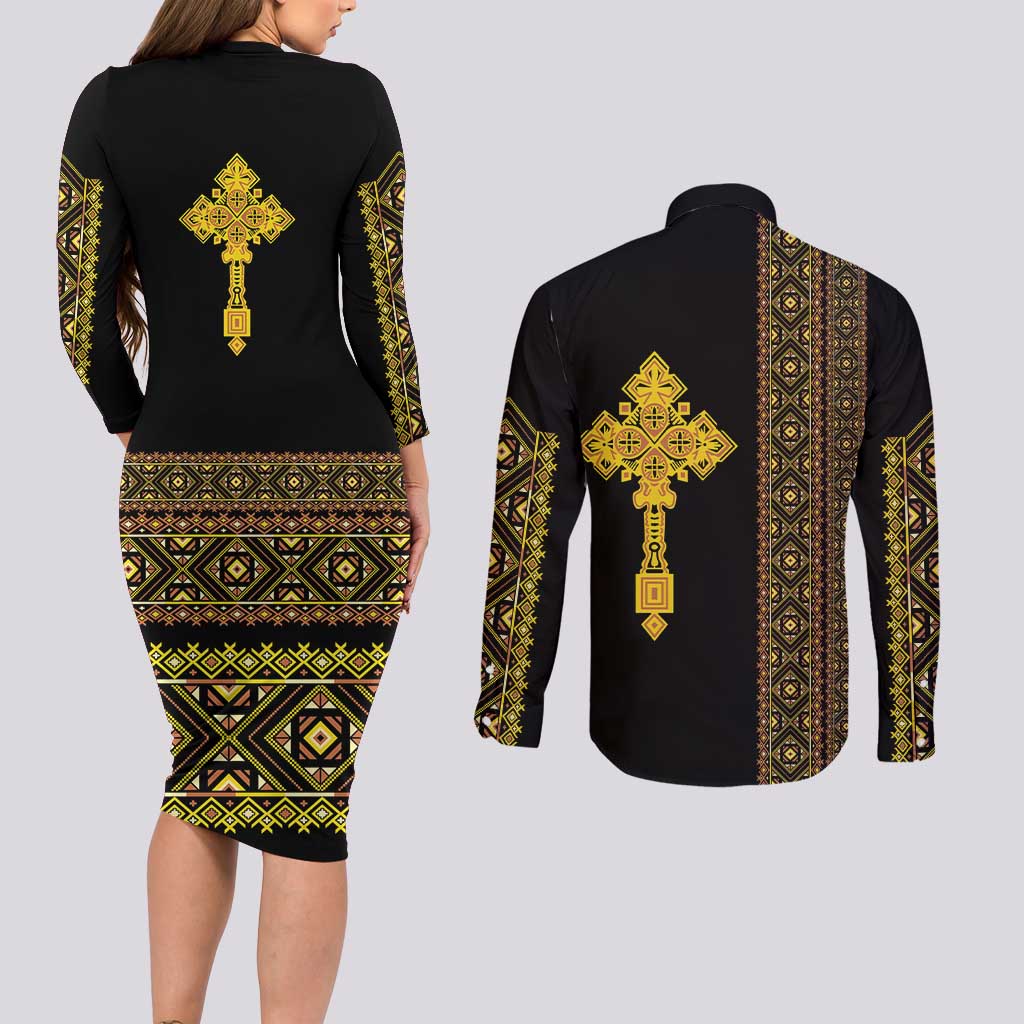 Habesha Motifs Ethiopia Couples Matching Long Sleeve Bodycon Dress and Long Sleeve Button Shirt Tilet Black Gold